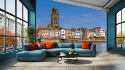 Deventer, The Netherlands - August 27 2016: Dutch city Deventer  skyline panorama view with the Great Church of Lebuines along side the IJssel river Wall mural