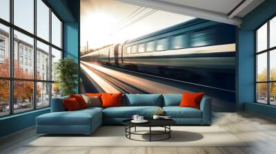 High speed train in motion at sunset. Fast moving modern passenger train on railway platform. Commercial transportation - Generative Ai Wall mural