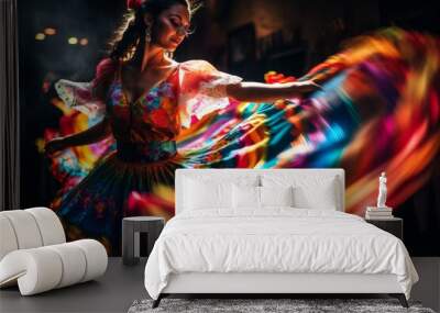 Hispanic heritage month - Beautiful young woman in a colorful dress dancing flamenco Wall mural