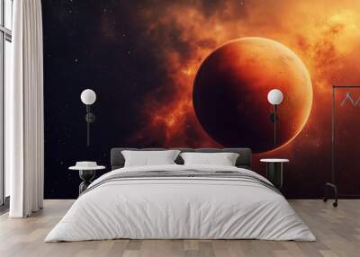 Mars-like planet with fiery atmosphere and solar eclipse in space, dramatic cosmic landscape for science fiction concept Wall mural