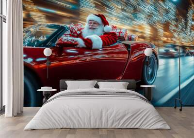 Santa Claus driving red sports car at night with Christmas gifts, blurred city lights background Wall mural