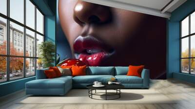 Sexy and sensual black woman eating a delicious and juicy strawberry. Generative Ai Wall mural