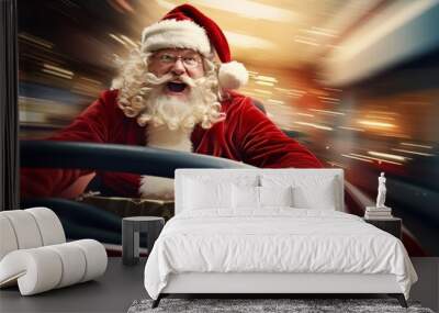 Speed driving santa claus going to deliver christmas present in rush Wall mural