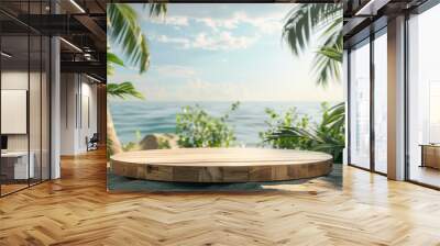 Wooden podium for product presentation on the beach with tropical plants and water in background, 3d rendering , illustration, banner mockup design 16:9 Wall mural