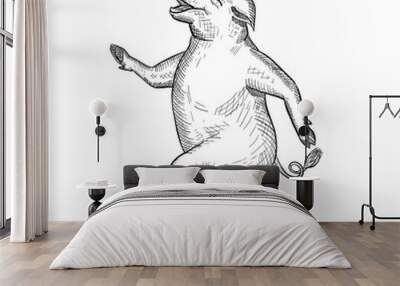 drawing sketch style illustration of a happy and jolly pig, hog or boar dancing, walking or taking a Wall mural