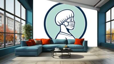 Mascot icon illustration of bust of a female nurse, medical professional, doctor, healthcare worker wearing a surgical mask and bouffant cap viewed from side profile set in circle done in retro style. Wall mural