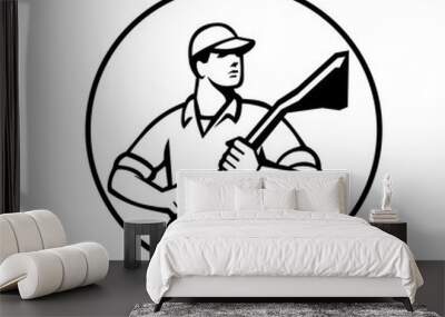 Professional Carpet Cleaner Holding a Vacuum Circle Retro Black and White Wall mural