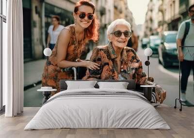 elderly modern woman sitting in a wheelchair having fun with a young caregiver. generative ai Wall mural