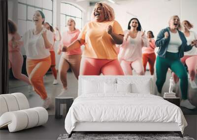 happy plus size women dancing together. generative ai. Wall mural