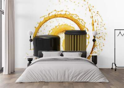 Cartridge vs. spin-on oil filters with oil splash in background. Wall mural