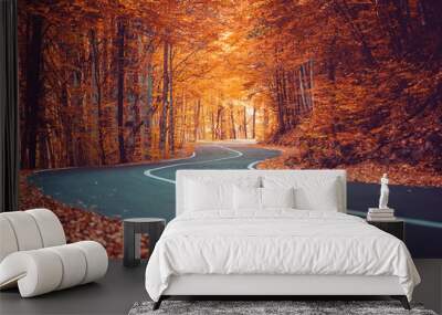 Magic colorful autumn forest road. Wall mural