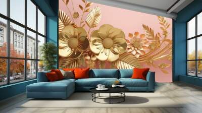 Elegant Golden Floral Design on Pink Background Wall mural