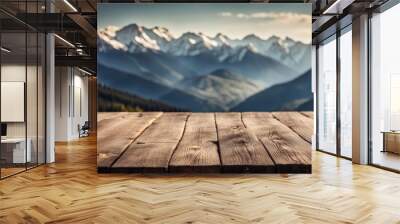 Empty Blank Rustic Old Wooden Table Top Boards with Snow Capped Mountains View Spruce Forest Nature Background National Park Landscape Backdrop Outdoors Mockup Product Display Showcase Montage Natural Wall mural