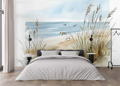 Coastal dunes with beach grass and sea view Wall mural