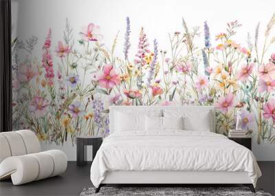 Lush wildflower watercolor border illustration. Seamless file. Wall mural