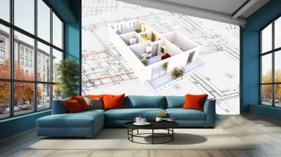 apartment architecture plans with 3d building structure Wall mural