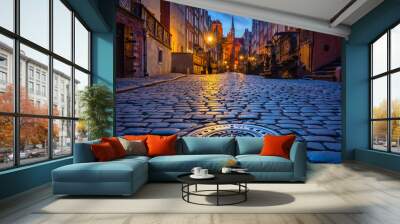 Beautiful architecture of Mariacka  street in Gdansk at night, Poland Wall mural