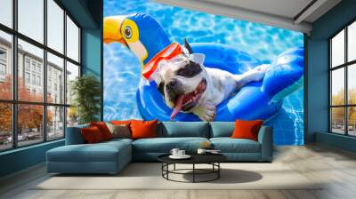 French bulldog resting on an inflatable wheel at the pool Wall mural