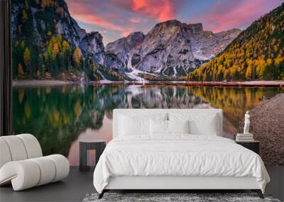 Lago di Braies lake and Seekofel peak at sunrise, Dolomites. Italy Wall mural