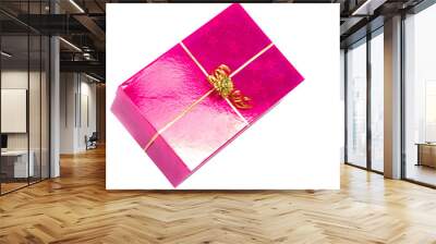 Pink gift box with golden ribbon isolated on white Wall mural