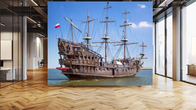 pirate galleon ship on the water of baltic sea in gdynia, poland Wall mural