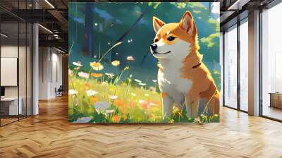 A cute shiba inu sitting in the garden flowers, anime style, illustration, dog Wall mural