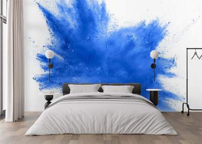 Abstract blue dust explosion on white background.  Freeze motion of blue powder splash. Painted Holi in festival. Wall mural