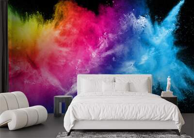 Abstract multi color powder explosion on black background.  Freeze motion of color dust  particles splash. Painted Holi in festival. Wall mural