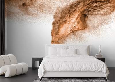 Brown dry river sand explosion isolated on white background. Abstract sand splashing. Wall mural