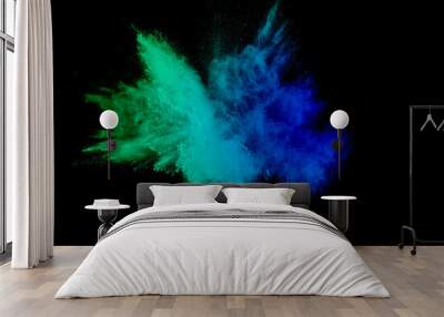 color powder explosion cloud isolated on black background. Freeze motion of color dust  particles splashing. Wall mural