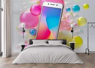 A modern design showing a smartphone surrounded by floating colorful bubbles representing different elements of social media strategy, audience interaction, and online engagement Wall mural