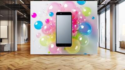 A modern design showing a smartphone surrounded by floating colorful bubbles representing different elements of social media strategy, audience interaction, and online engagement Wall mural