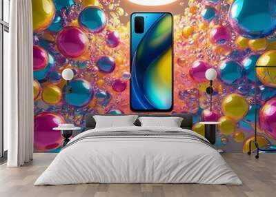 A vibrant, colorful poster featuring a smartphone with floating bubbles representing social media platforms, promoting a digital marketing campaign Wall mural