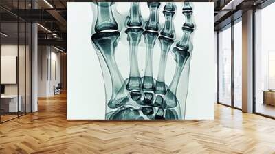 A closeup Xray of a foot, with visible metatarsals and phalanges, against a solid white background Wall mural