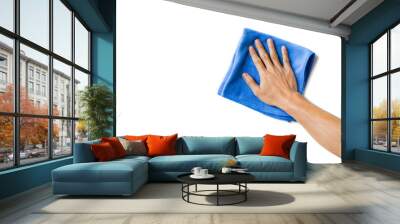 Abstract male hand holding blue microfiber cleaning cloth on white. Background copy space for add text or art work design.  Wall mural