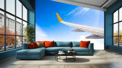 Morning sunrise with Wing of an airplane. Photo applied to tourism operators. picture for add text message or frame website. Traveling concept Wall mural