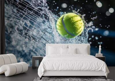 Action Shot of Wet Tennis Ball Hitting Racket Wall mural