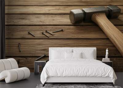 Wooden Table with Hammer and Nails Wall mural