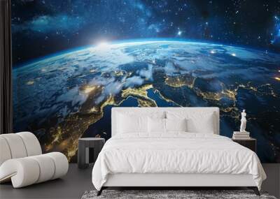 3D Earth with visible cloud atmosphere and city lights in Europe at night Wall mural