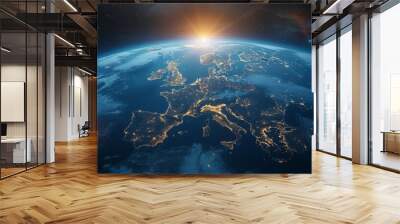 3D Earth with visible cloud atmosphere and city lights in Europe at night Wall mural