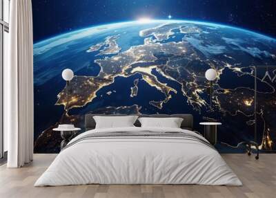 3D view of Earth from space with clouds and illuminated European regions Wall mural