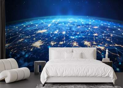 3D world map with data lines illustrating global communication networks and IoT Wall mural