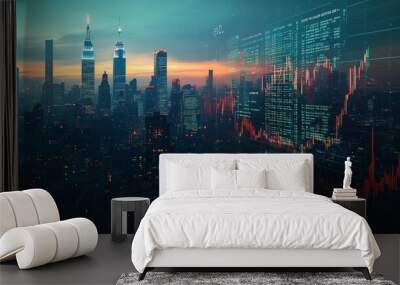 A city skyline with digital graphs overlaying, representing the interconnectedness of global finance Wall mural