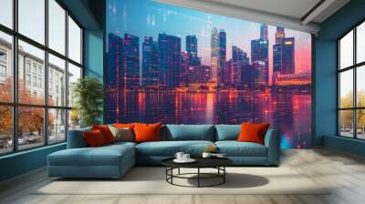 A city skyline with digital graphs overlaying, representing the interconnectedness of global finance Wall mural