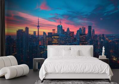 A cityscape at sunset, with the sky ablaze in orange and pink hues, city lights just starting to come on Wall mural