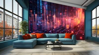 A cityscape with digital overlays of stock market indices and economic data, representing global finance Wall mural