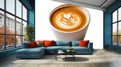 A close-up of a coffee cup with intricate latte art on a white background Wall mural