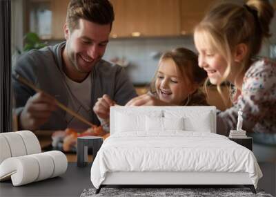 A family sharing a sushi dinner, with everyone using chopsticks and enjoying the meal Wall mural