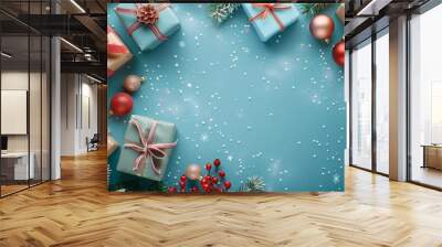 A festive banner with gift boxes wrapped in velvet ribbons and paper decorations on a turquoise background Wall mural