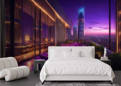 A luxury high-rise building with an infinity pool on the rooftop, offering a view of the city at night filled with lights. - Generative AI Wall mural